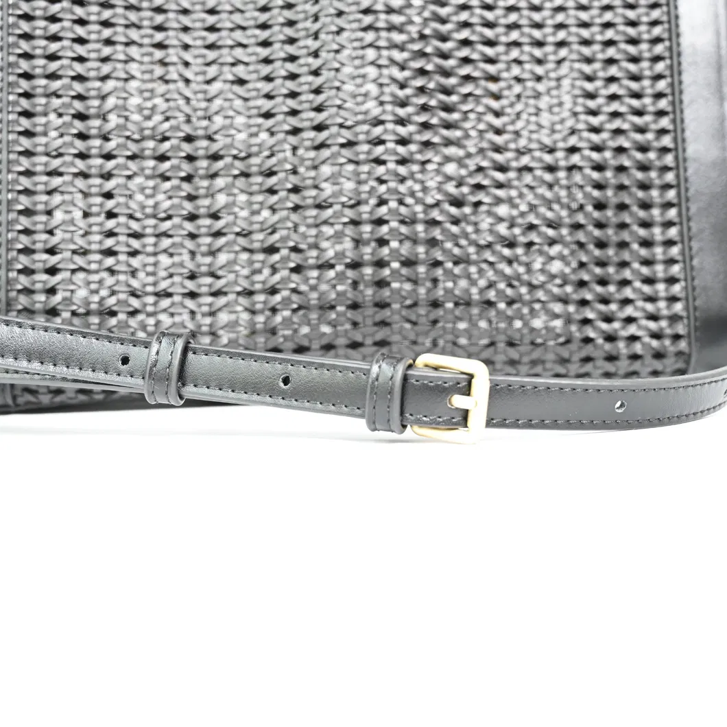 Elegant Black Woven Tote Bag Featuring Chic Gold Chain