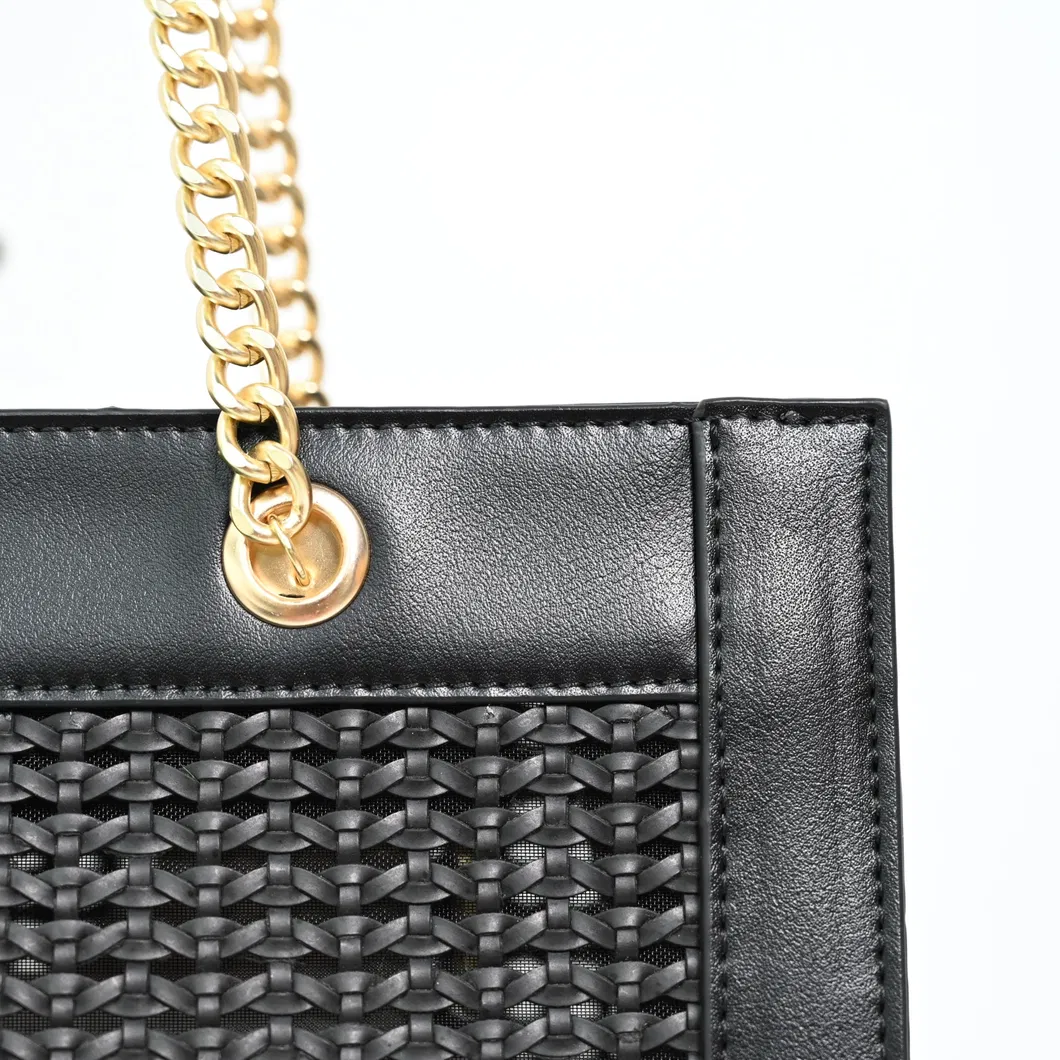 Elegant Black Woven Tote Bag Featuring Chic Gold Chain