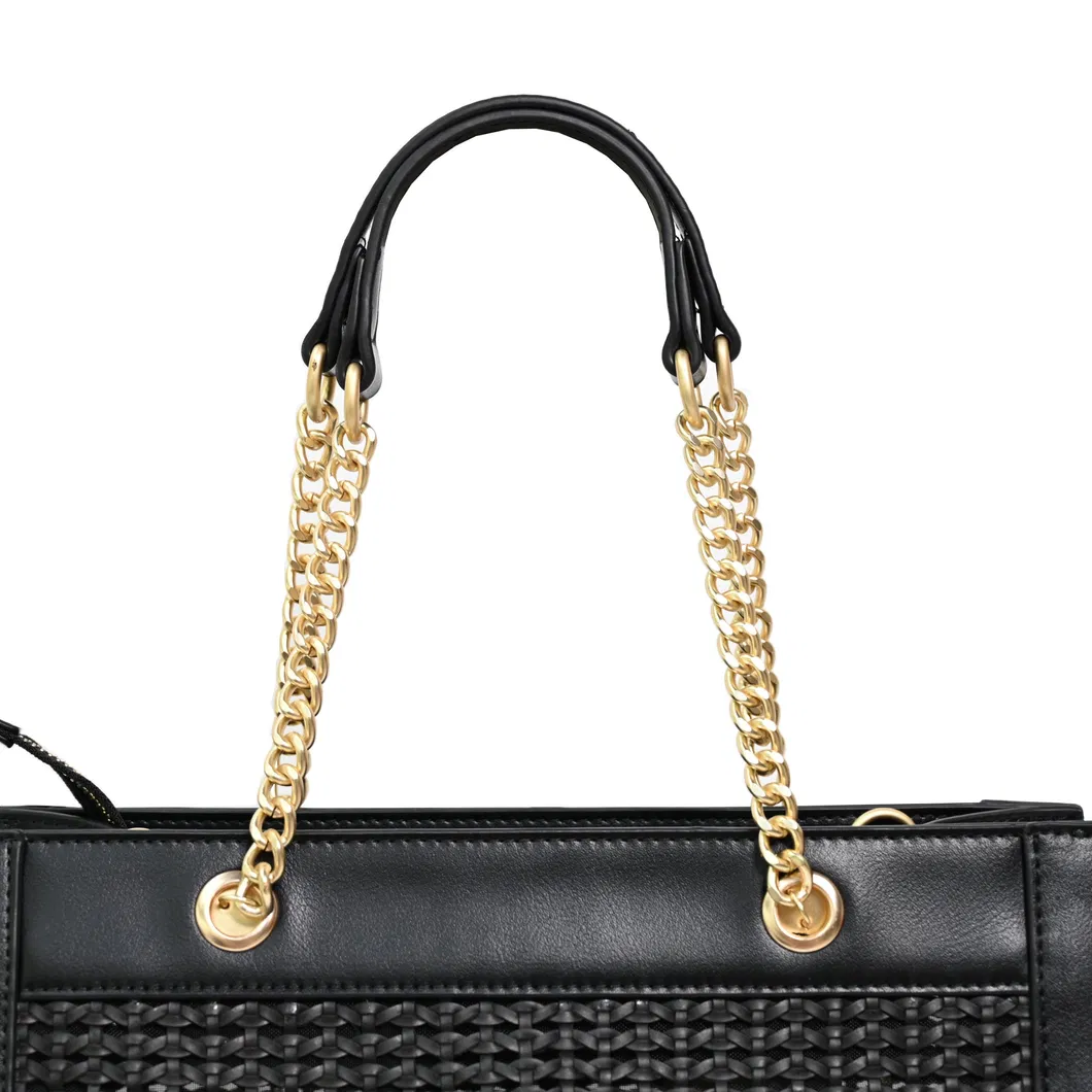 Elegant Black Woven Tote Bag Featuring Chic Gold Chain