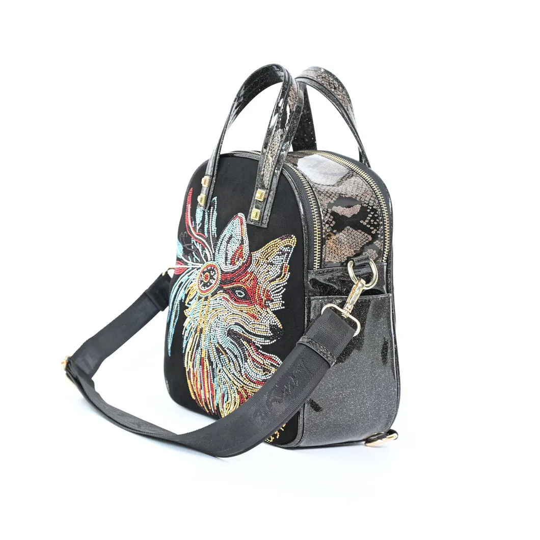 Stylish Black PU Handbags Shoulder Bag and Tote with Playful Fox Design