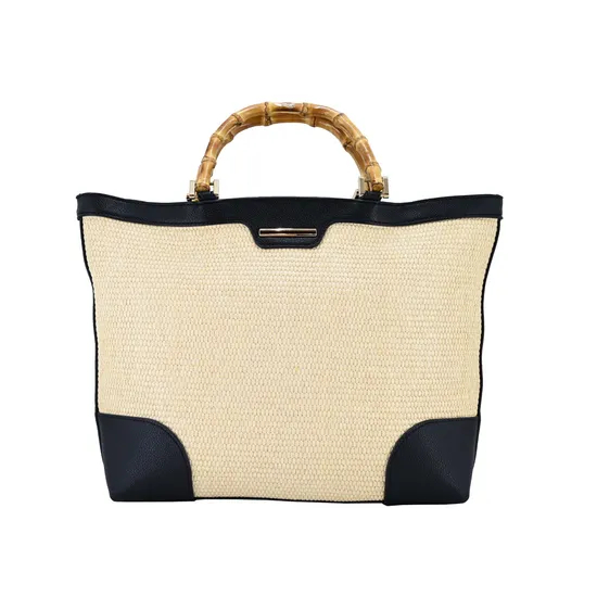 Stylish Woven Tote Bag with Bamboo Handles for Fashion-Forward Women