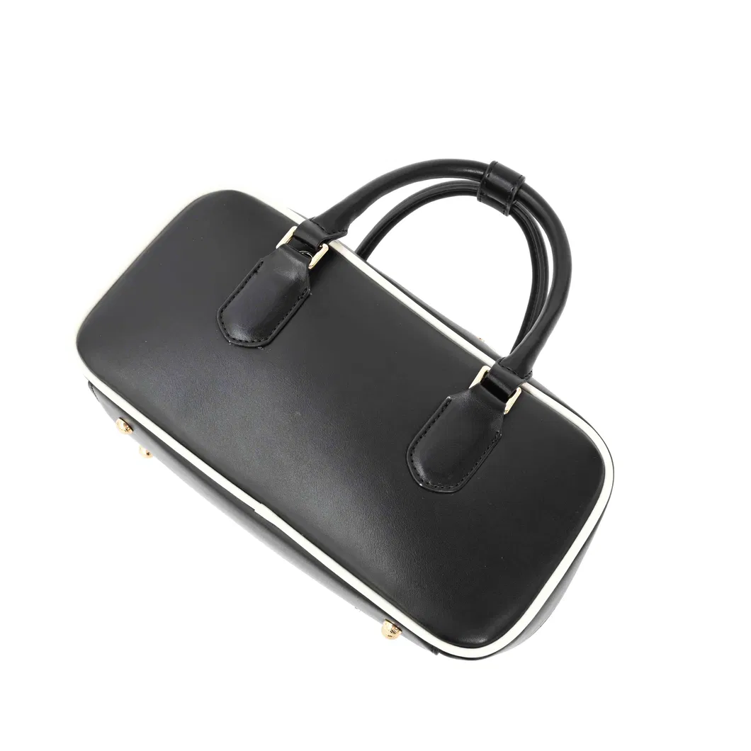 Classic Black Boston Bag with Exquisite Gold - Trimmed Accents and Contrast Piping Hand - Carry or Cross - Body