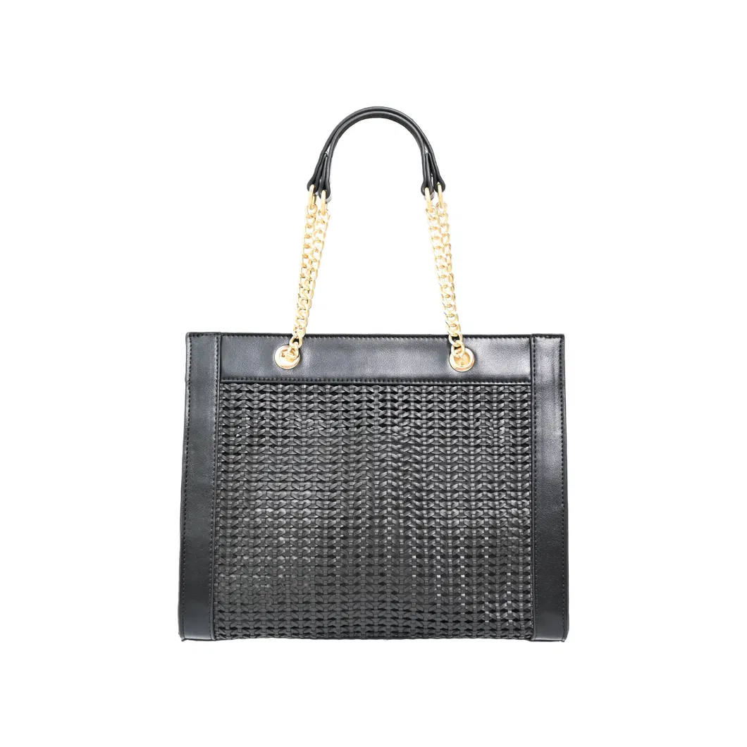 Elegant Black Woven Tote Bag with Featuring Chic Gold Chain Detail