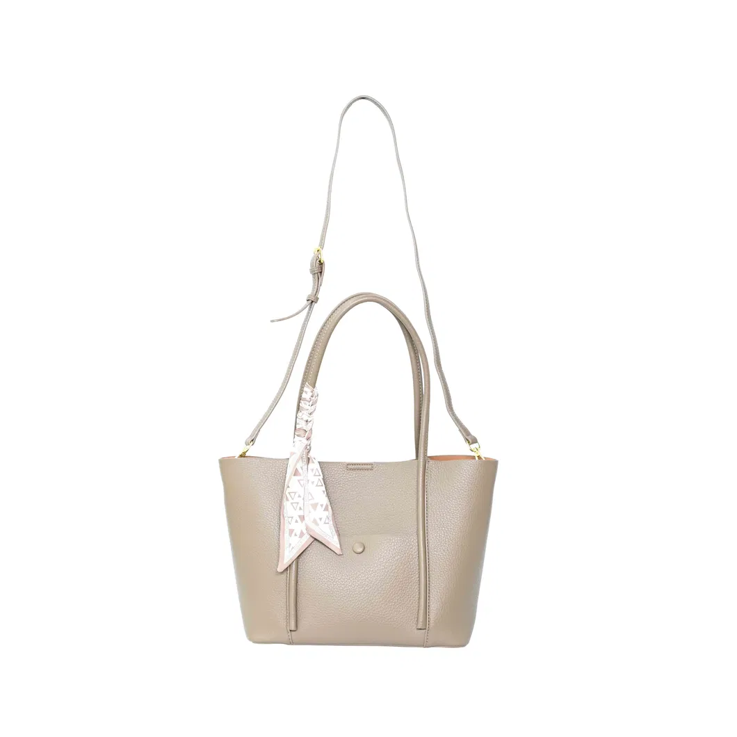 Minimalist-Style Light Brown Leather Tote Bag with a Silk Scarf Accent Elegant Shoulder Underarm Bag