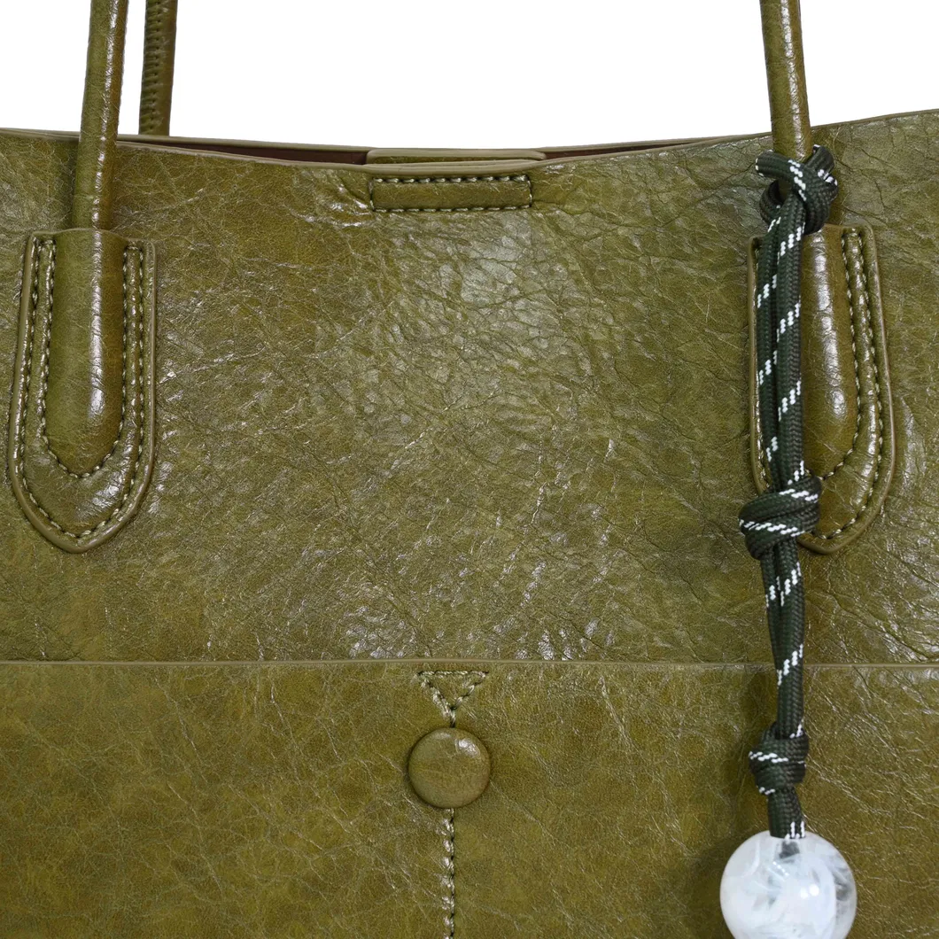 Elegant Olive Green Leather Handbag Exquisite Bead Chain Decoration Classy Shoulder Bag