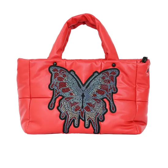 Trendy Red Tote Bag for Women Featuring Butterfly Sequin Art