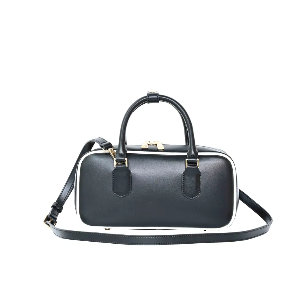 Classic Black Boston Bag with Exquisite Gold - Trimmed Accents and Contrast Piping Hand - Carry or Cross - Body