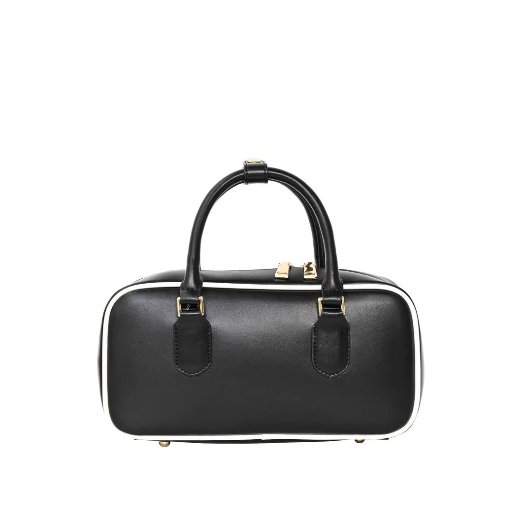 Classic Black Boston Bag with Exquisite Gold - Trimmed Accents and Contrast Piping Hand - Carry or Cross - Body