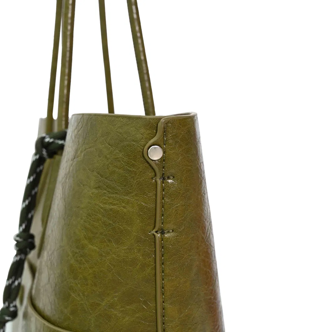 Elegant Olive Green Leather Handbag Exquisite Bead Chain Decoration Classy Shoulder Bag