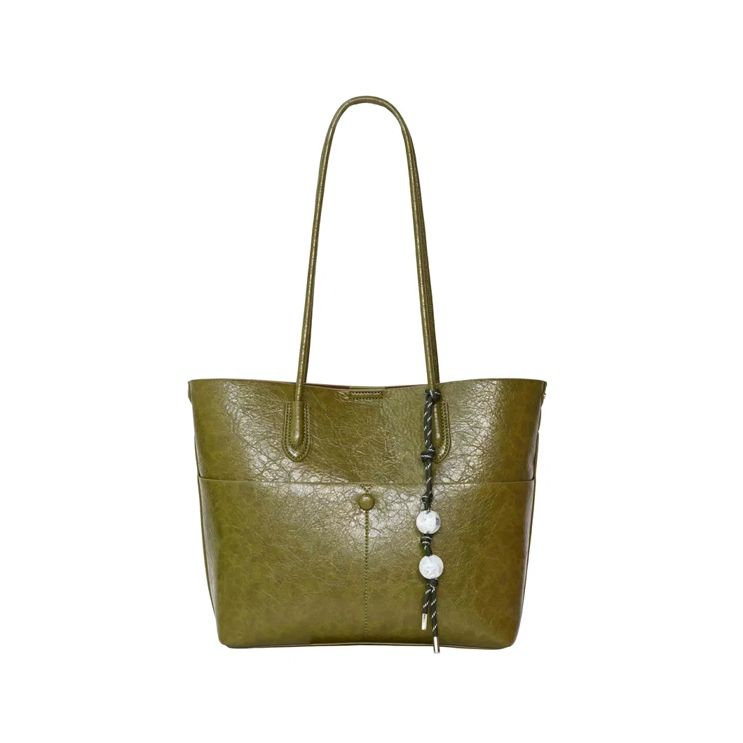 Elegant Olive Green Leather Handbag Exquisite Bead Chain Decoration Classy Shoulder Bag
