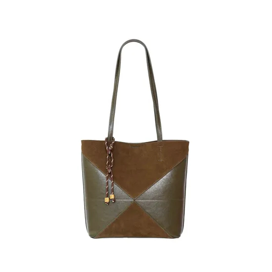 a Brown and Green Spliced Leather Handbag Adorned with Knots