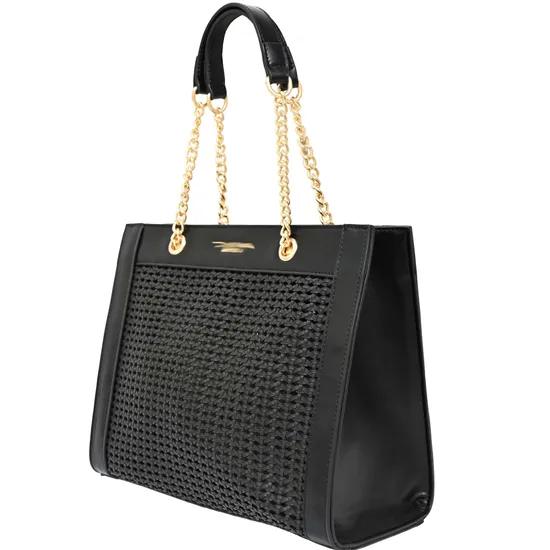 Chic Black Woven Tote Bag with Elegant Gold Chain Detail