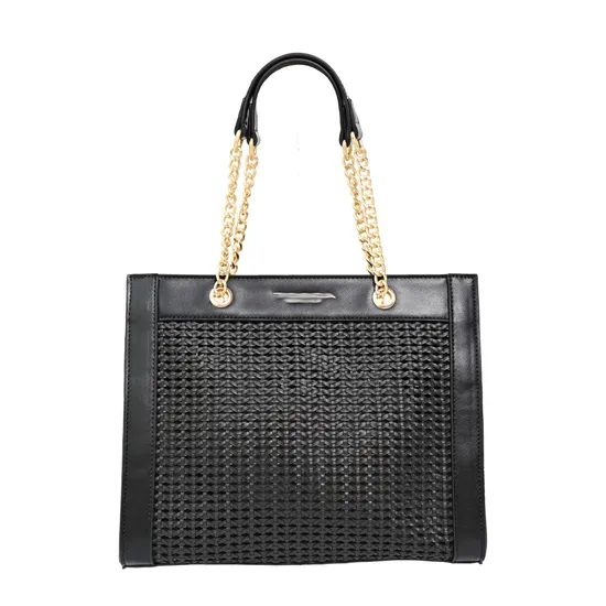 Elegant Black Woven Tote Bag with Featuring Chic Gold Chain Detail