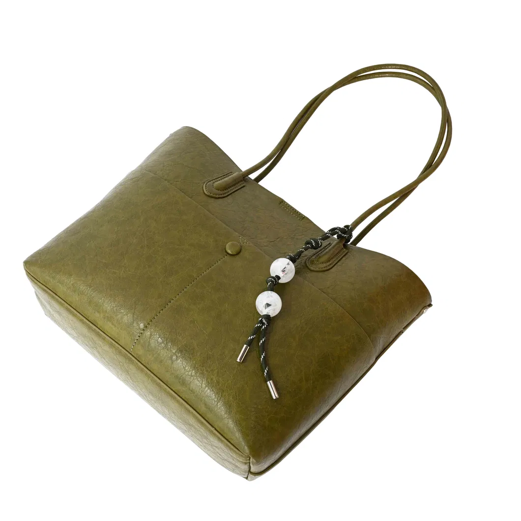 Elegant Olive Green Leather Handbag Exquisite Bead Chain Decoration Classy Shoulder Bag
