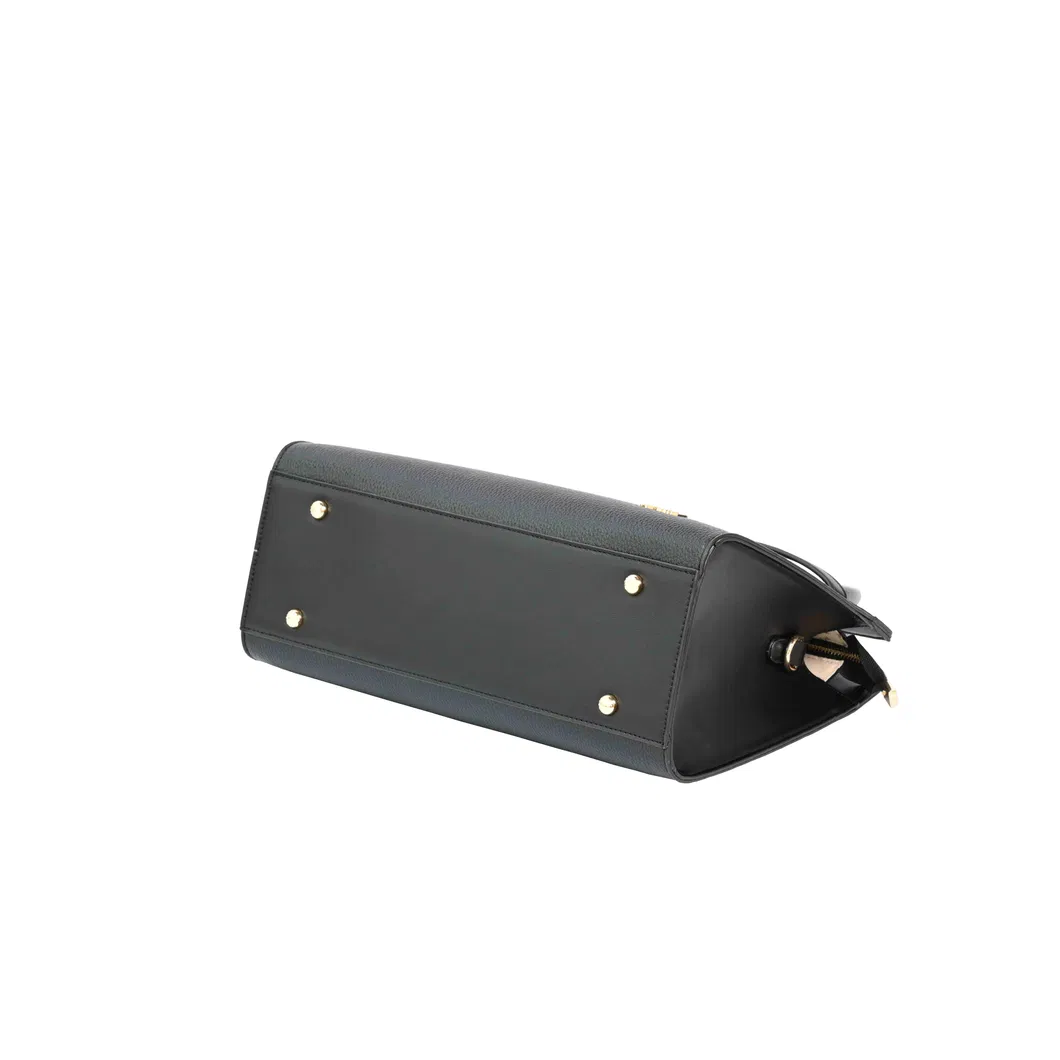 PU Material Black Ladies&prime; Handbag Tote with Gold Lock Design