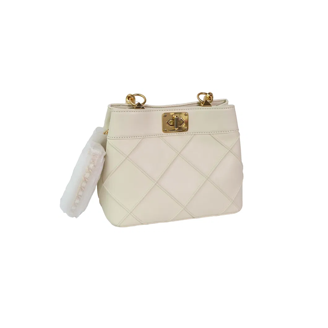 Stylish Beige Women&prime;s Handbag with Eye-Catching Gold Elements