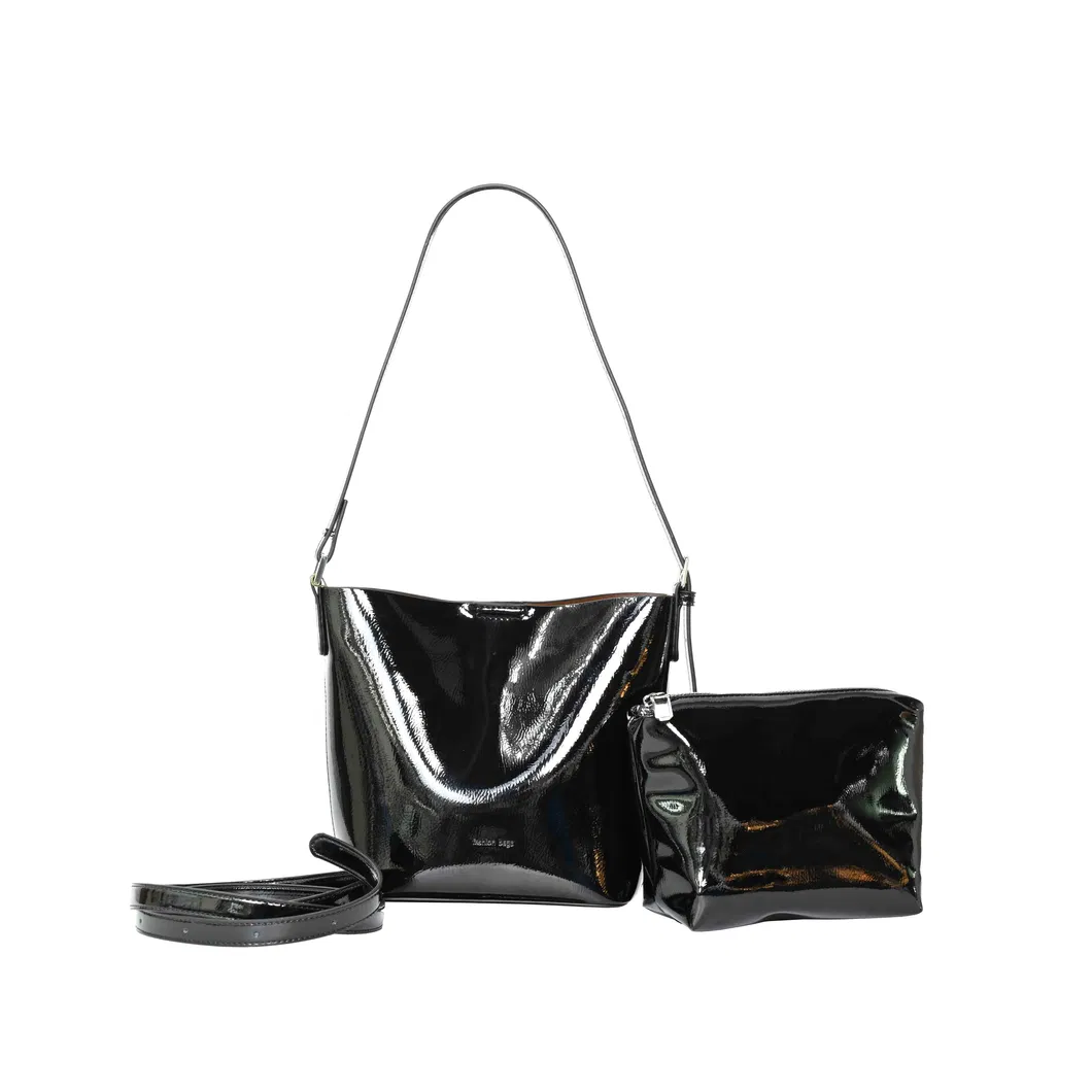 Elegant Glossy Black Leather Women&prime;s Shoulder and Crossbody Bag