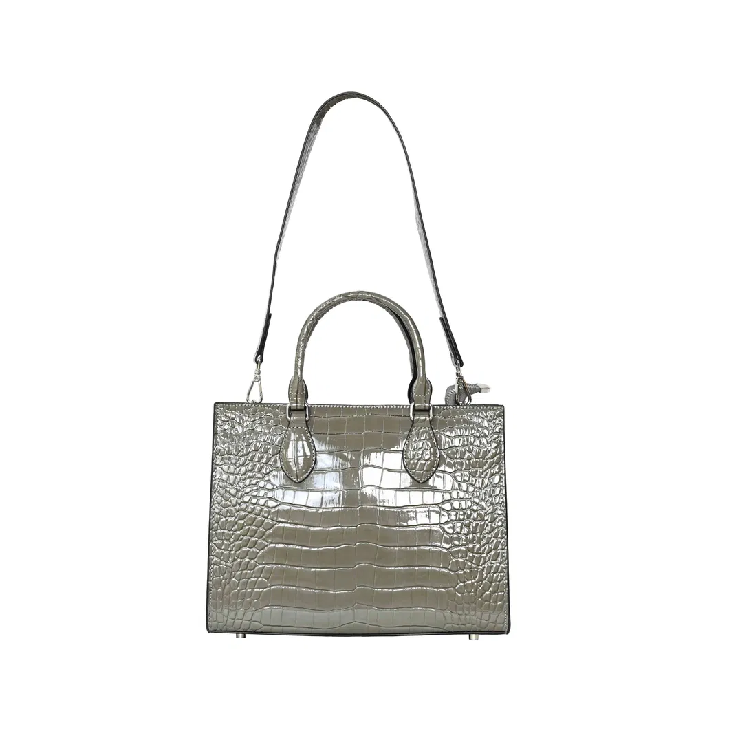 Premium Silver Grey Tote Bag Crocodile - Textured Dual - Function for Hand - Carrying and Shoulder - Slinging