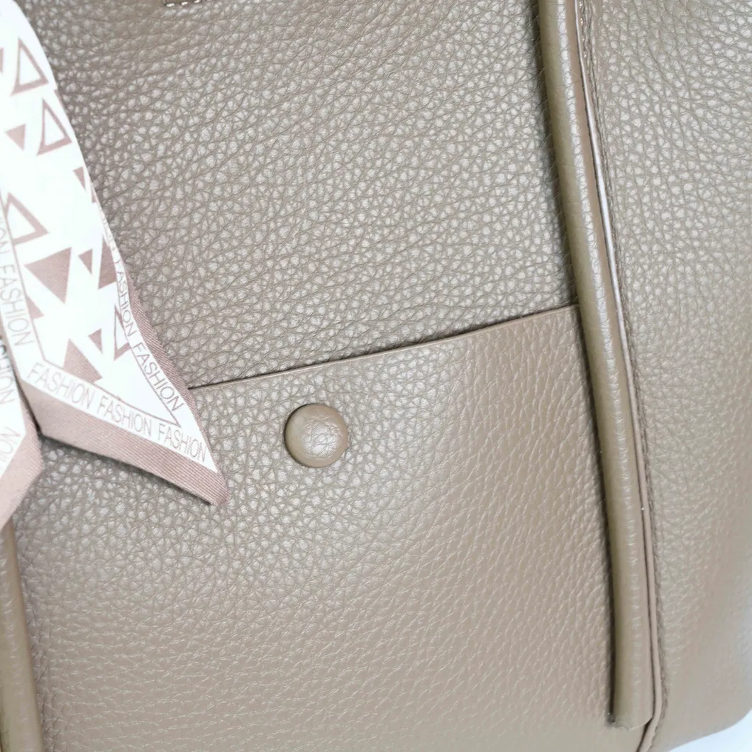 Minimalist-Style Light Brown Leather Tote Bag with a Silk Scarf Accent Elegant Shoulder Underarm Bag