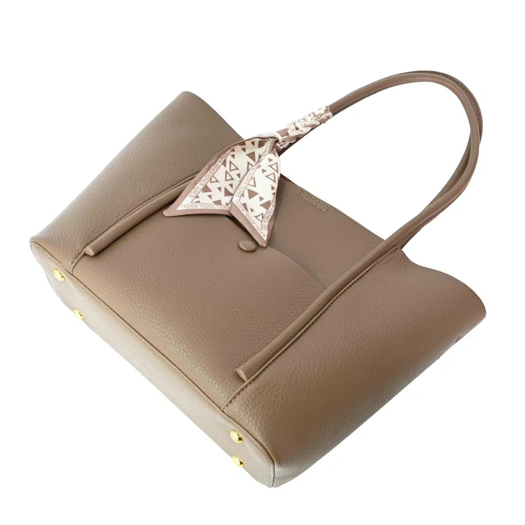 Minimalist-Style Light Brown Leather Tote Bag with a Silk Scarf Accent Elegant Shoulder Underarm Bag