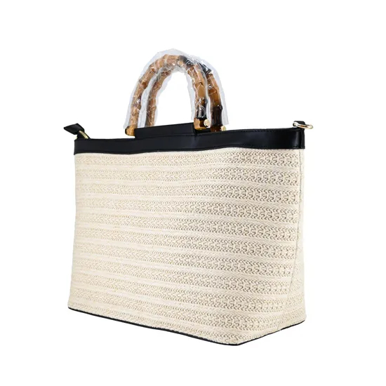 Stylish Woven Tote Bag with Eco-Friendly Bamboo Handle for Women