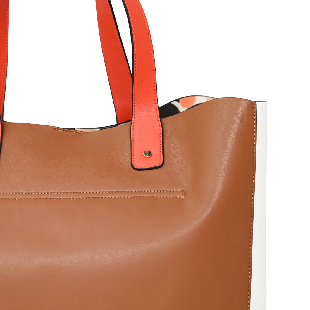 Fashionable Color-Blocked Leather Tote Bag for Daily Use
