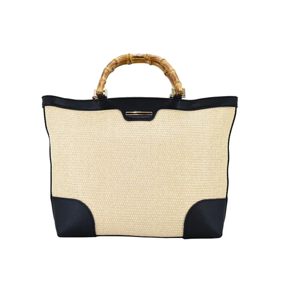 Personalized Bamboo Handle Women′s Bag Woven Fabric Lady Handbag