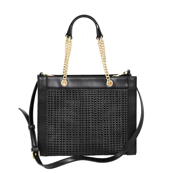 Elegant Black Woven Tote Bag with Chic Gold Chain