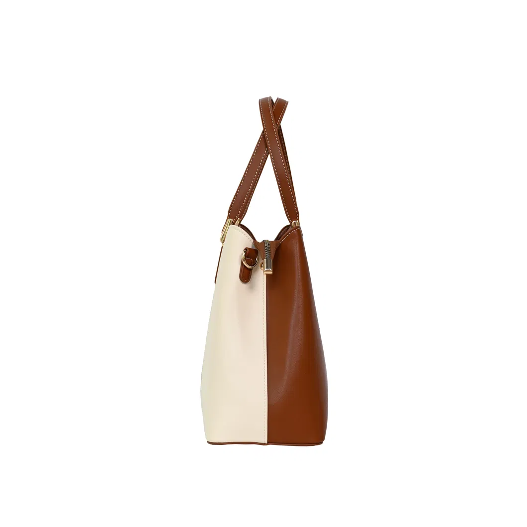 Fashionable and Simple Women&prime;s Handbag with Beige and Brown Splicing