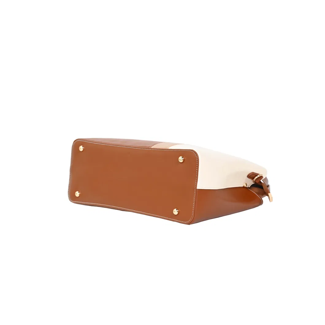 a Fashionable and Simple Ladies&prime; Handbag with Beige and Brown Splicing