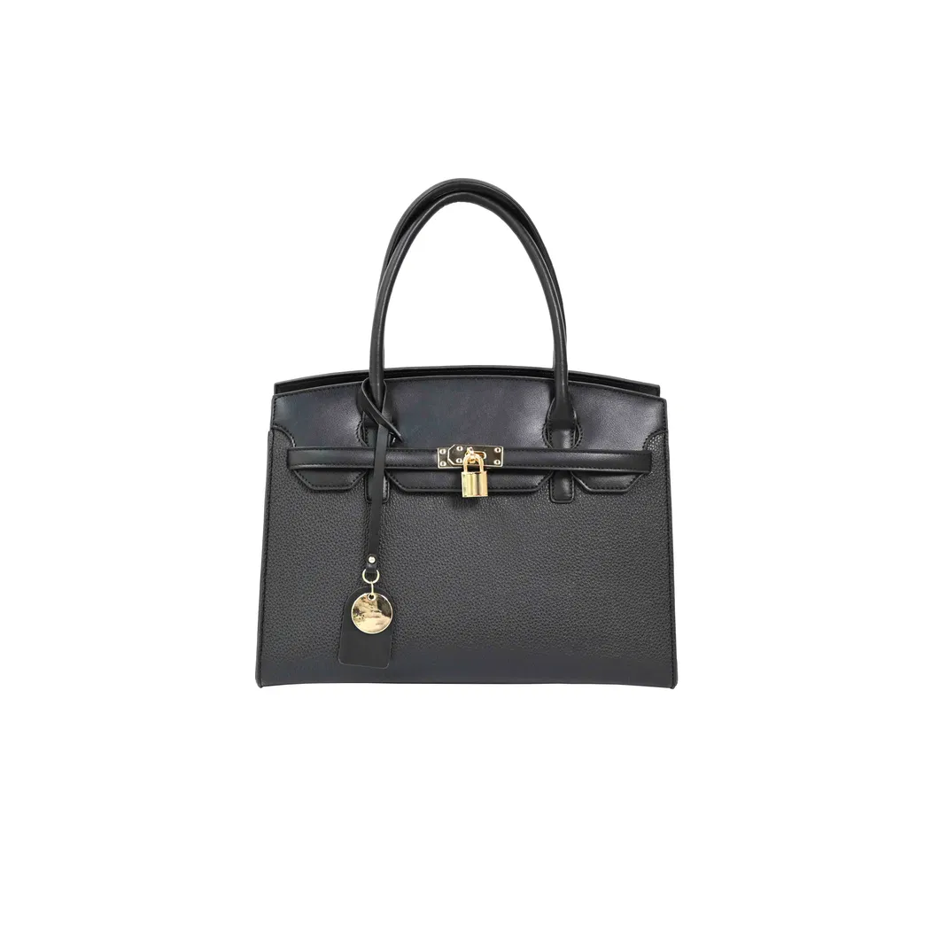 The Brown Essential with Black PU Tote Bag with Gold Lock Detail