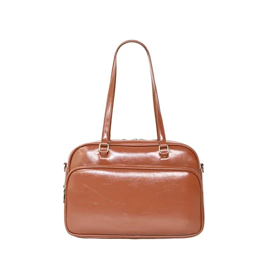 Stylish Brown Glossy PU Leather Tote Bag for Women