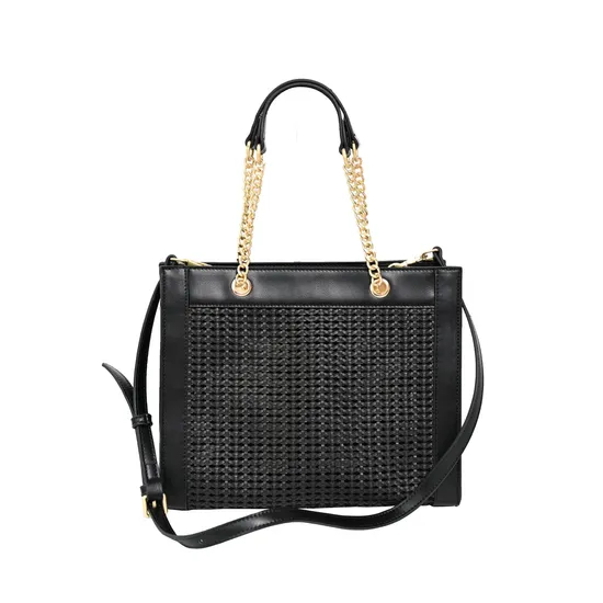 Elegant Black Woven Tote Bag Featuring Chic Gold Chain
