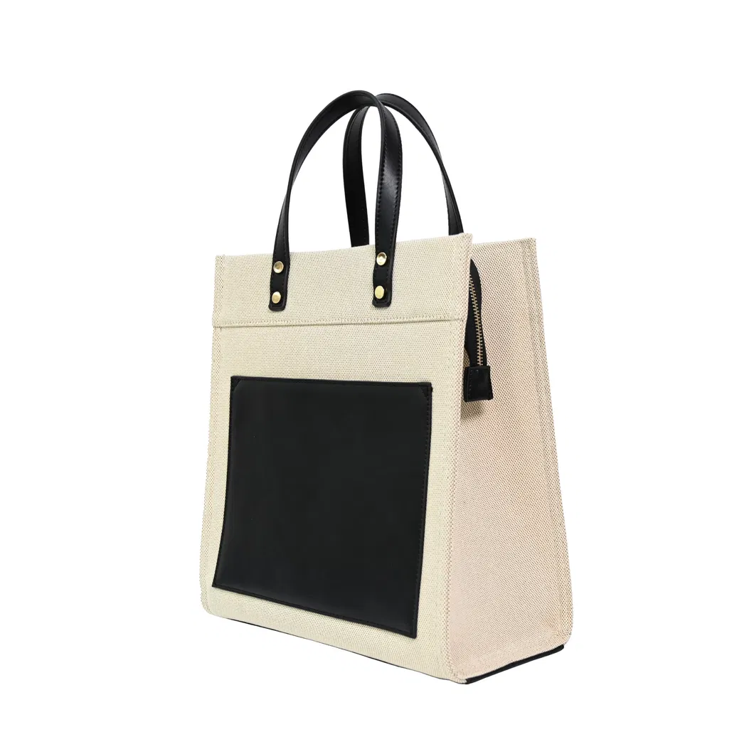 Stylish Black and Beige Color Block Tote Bag for Daily Use