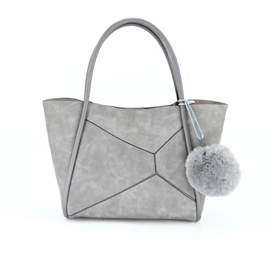 Chic Gray Minimalist Tote Bag with Soft POM-POM Accents