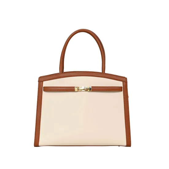 Chic Brown Women′s Handbag Featuring Bold Gold Buckle Design