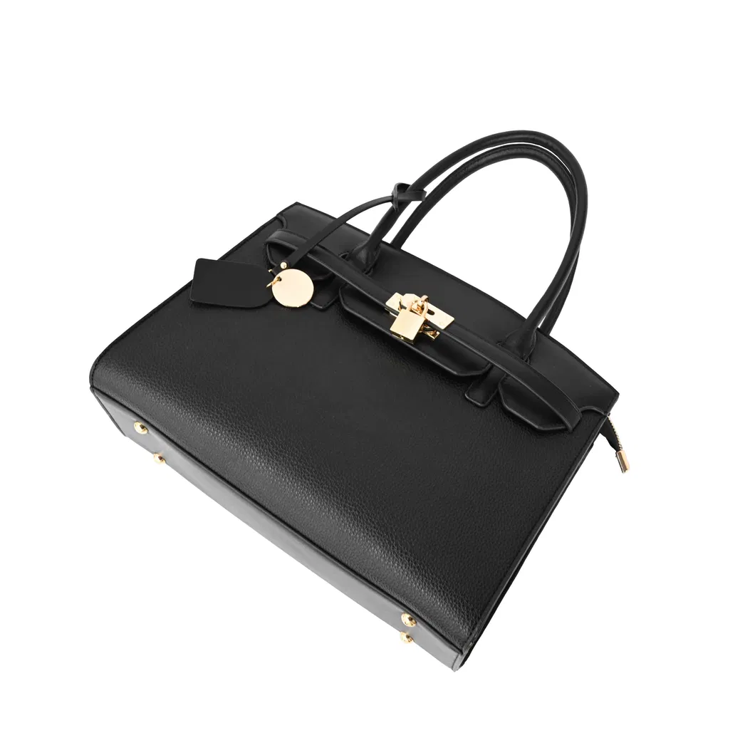 PU Material Black Ladies&prime; Handbag Tote with Gold Lock Design