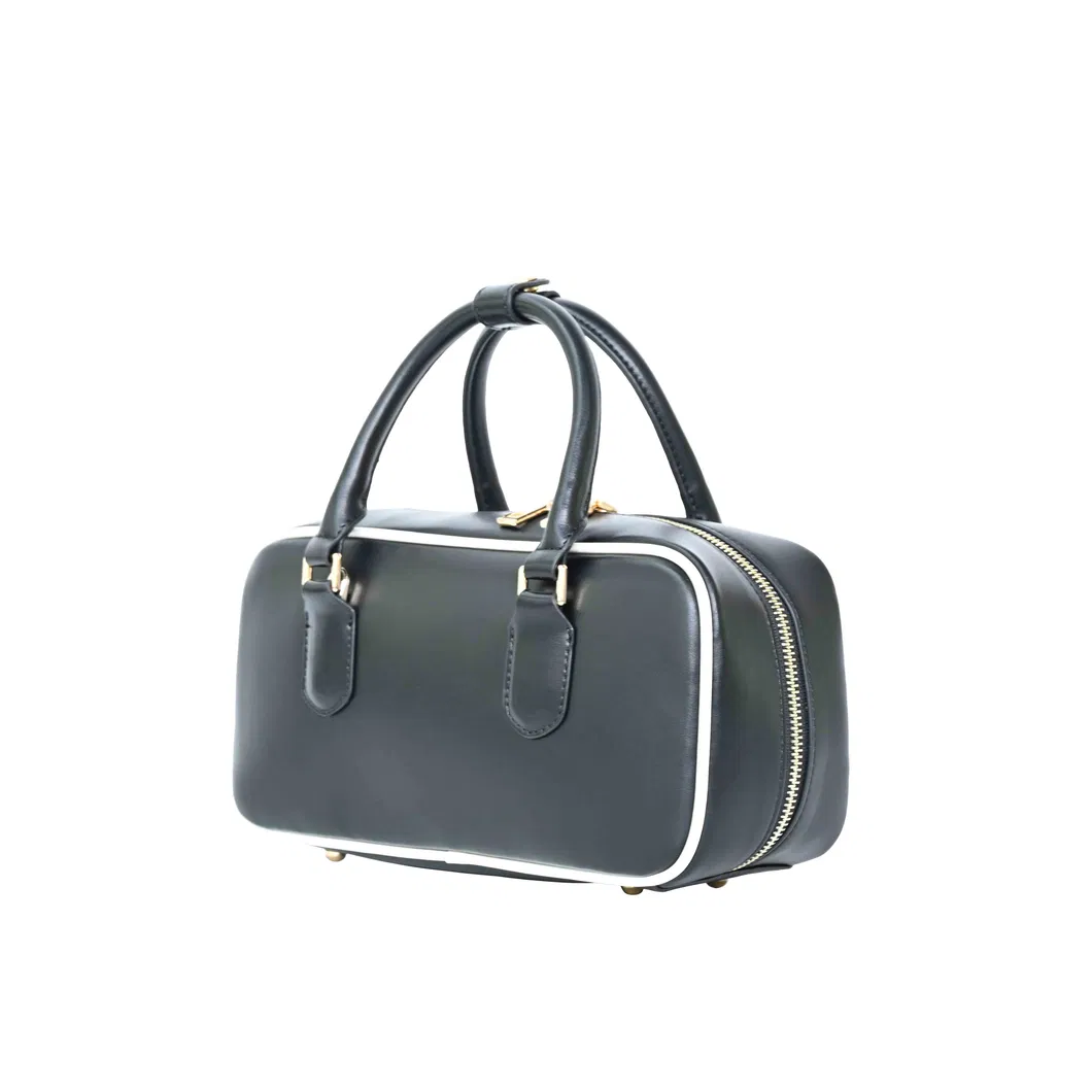Classic Black Boston Bag with Exquisite Gold - Trimmed Accents and Contrast Piping Hand - Carry or Cross - Body