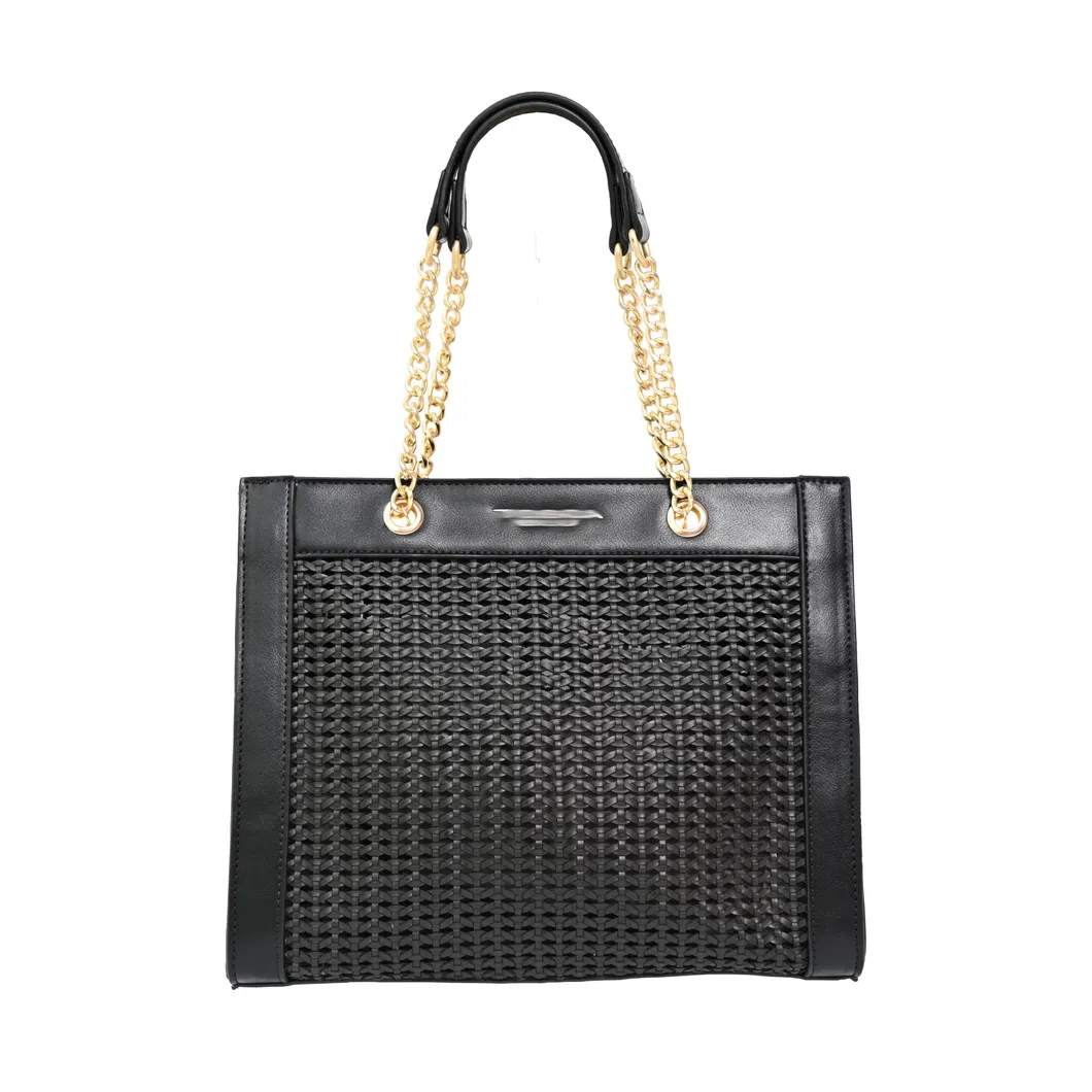Elegant Black Woven Tote Bag with Featuring Chic Gold Chain Detail