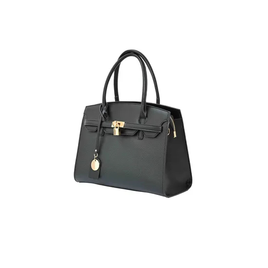 Chic Black PU Tote Handbag for Women with Gold Lock Accent