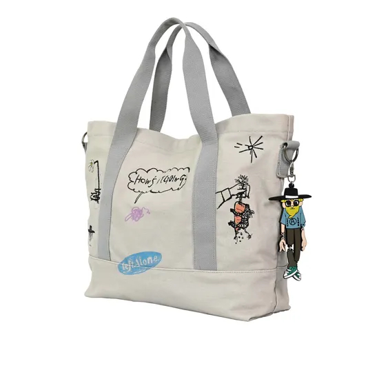 Stylish off-White Canvas Tote Bag with Adorable Cartoon Designs