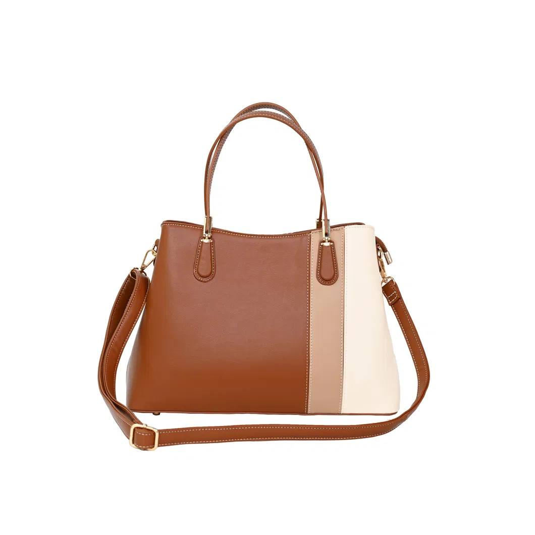 Fashionable and Simple Women&prime;s Handbag with Beige and Brown Splicing