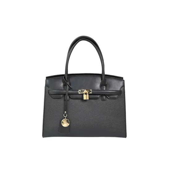 The Brown Essential with Black PU Tote Bag with Gold Lock Detail