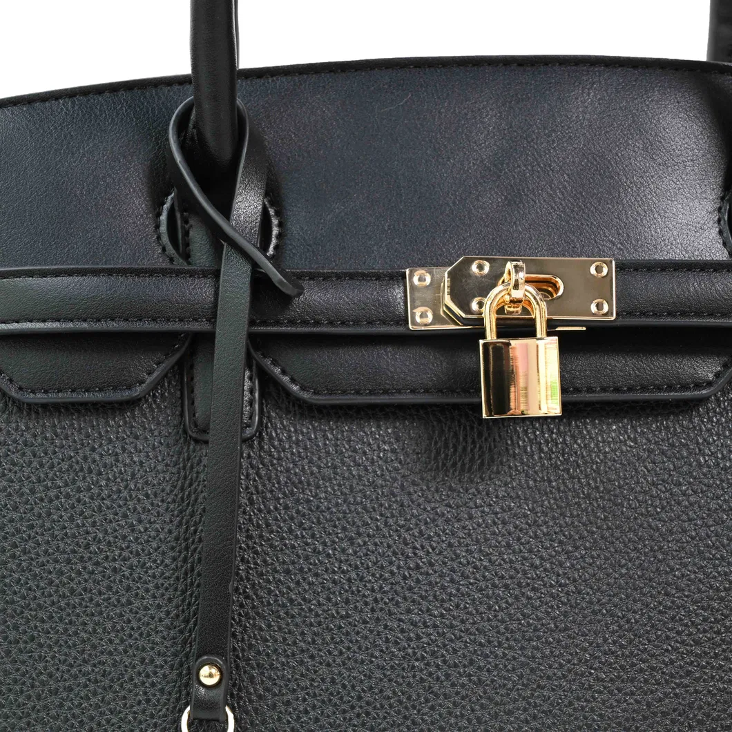 The Brown Essential with Black PU Tote Bag with Gold Lock Detail