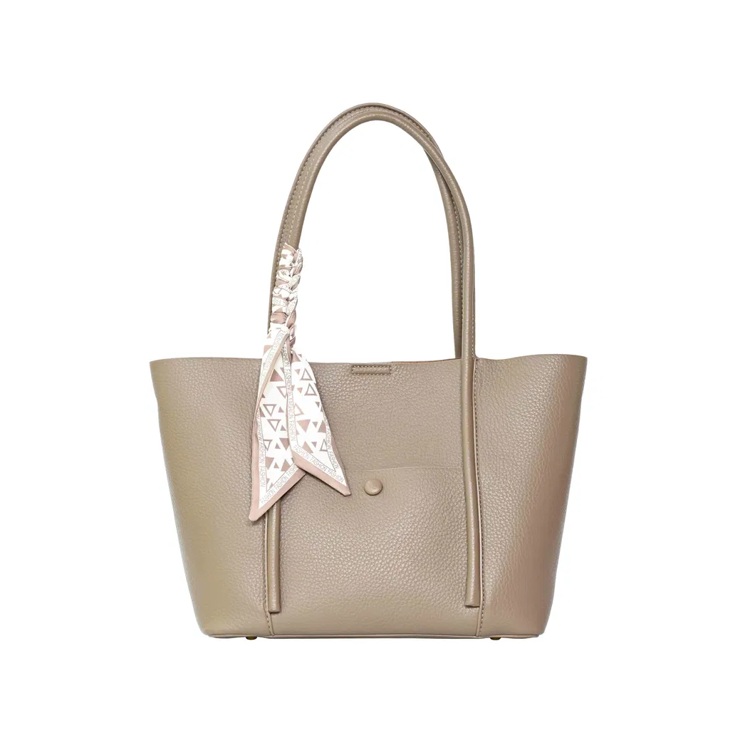 Minimalist-Style Light Brown Leather Tote Bag with a Silk Scarf Accent Elegant Shoulder Underarm Bag