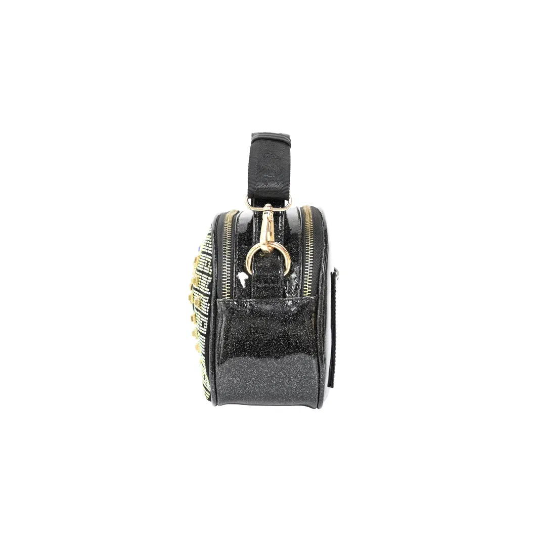 Chic Black Single-Shoulder Handbag with Sparkling Gemstone Accents