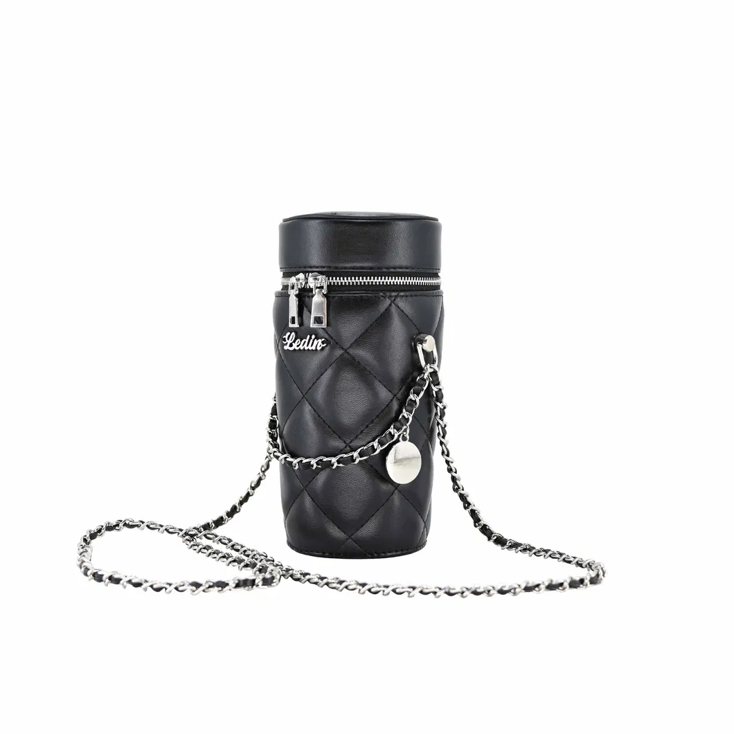 Chic Leather and Metal Chain Bucket Bag for Makeup