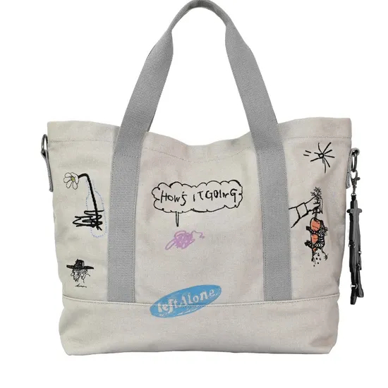 Trendy off-White Canvas Tote Bag with Adorable Cartoon Prints