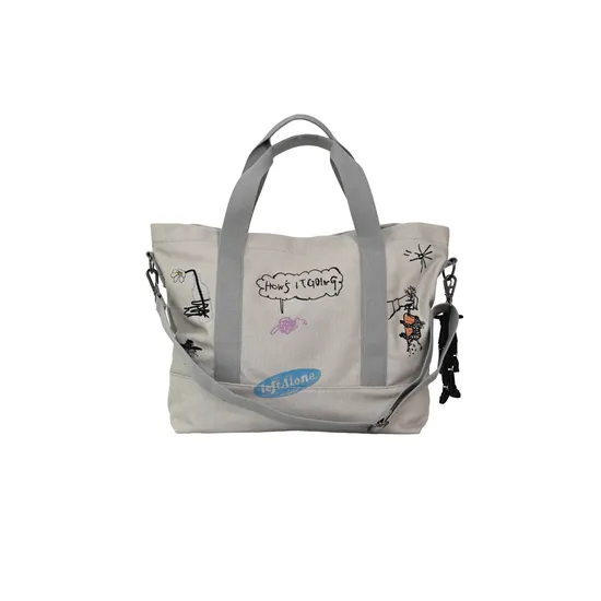 Trendy off-White Canvas Tote Bag with Playful Cartoon Art