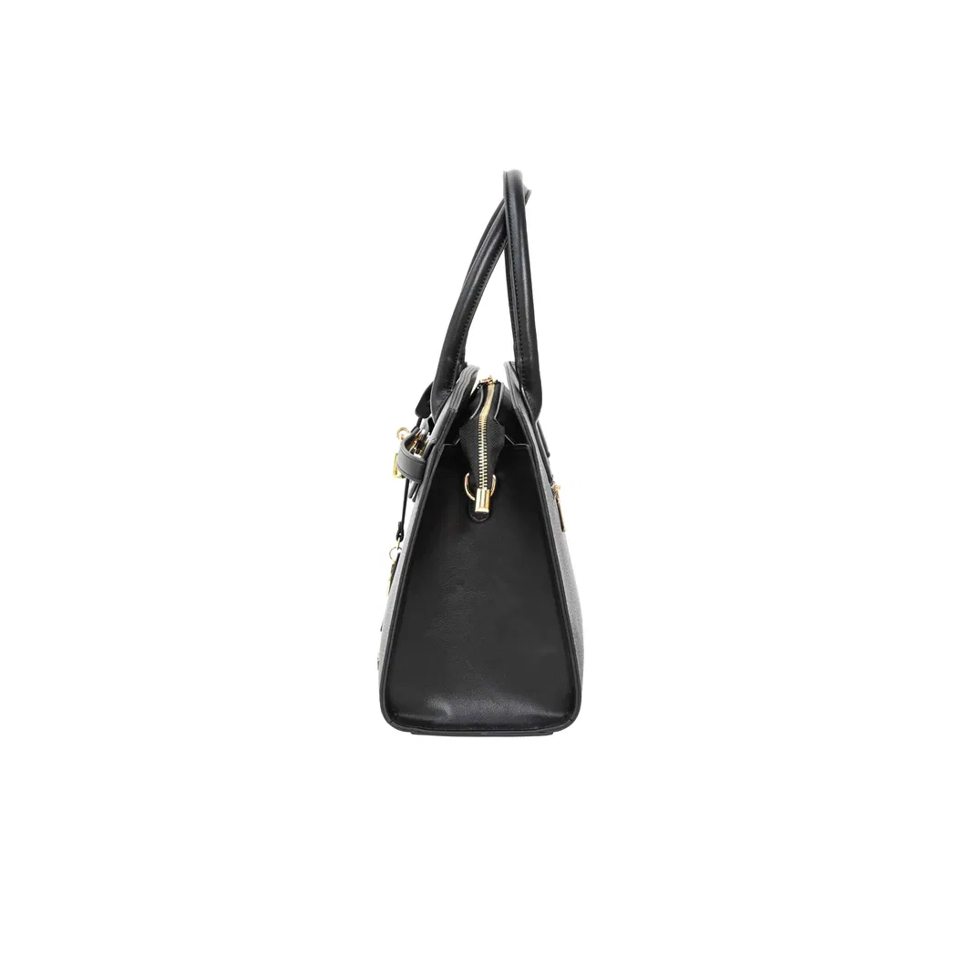 PU Material Black Ladies&prime; Handbag Tote with Gold Lock Design